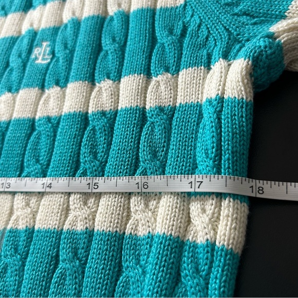 Lauren Ralph Lauren Sweater V-Neck Turquoise Blue White Striped Size Large - Picture 6 of 7